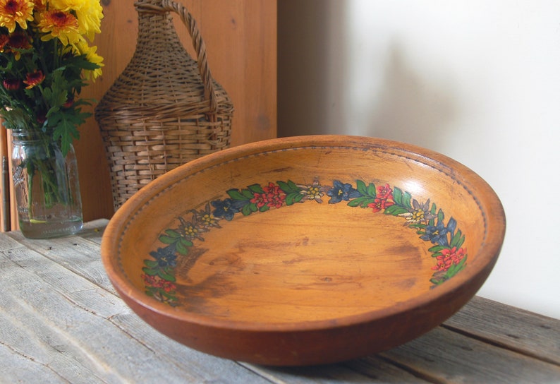 Hand painted wooden bowl / vintage bowl / turned wood footed bowl with carved flowers / rustic wood bowl / farmhouse decor / cottagecore image 6