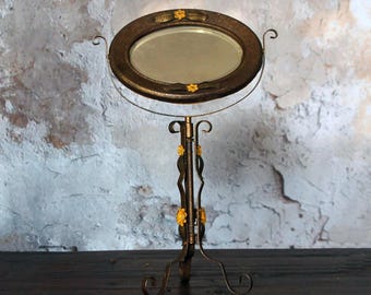 Antique vanity mirror / Italian tole table top mirror / oval floral toleware mirror / 1920s mirror / makeup mirror / vintage mirror