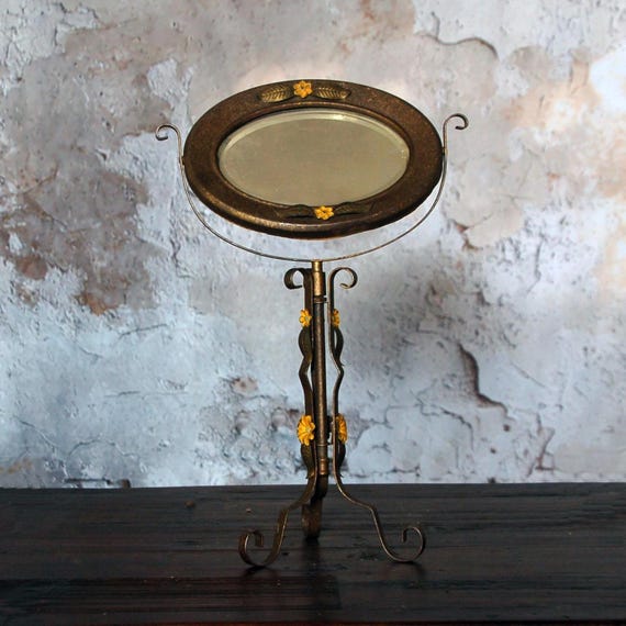 Antique vanity mirror / Italian tole table top mirror / oval floral toleware mirror / 1920s mirror / makeup mirror / vintage mirror