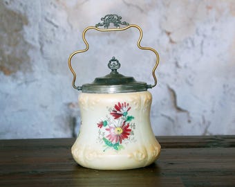Antique Van Bergh lidded biscuit jar / 1800s hand painted glass cracker cookie jar / vintage biscuit jar / floral cracker jar