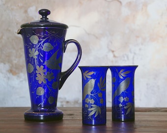 Vintage 1930s cobalt blue glass pitcher and tumblers with sterling silver overlay / vintage barware