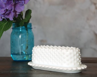 Vintage hobnail milk glass butter dish /  white retro covered butter dish