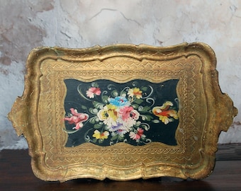 Vintage Italian Florentine gilded wood tray with hand painted roses / French country tray / shabby chic decor / Italian decor