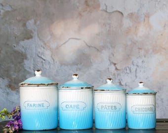 Antique French enamel canisters / set of 4 vintage enamel blue and white canisters