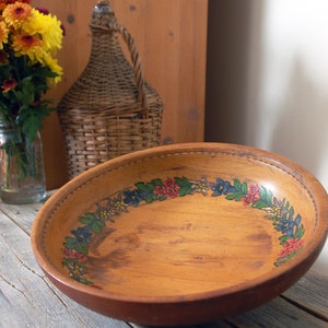 Hand painted wooden bowl / vintage bowl / turned wood footed bowl with carved flowers / rustic wood bowl / farmhouse decor / cottagecore image 2