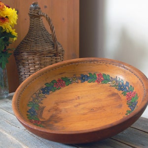 Hand painted wooden bowl / vintage bowl / turned wood footed bowl with carved flowers / rustic wood bowl / farmhouse decor / cottagecore image 1