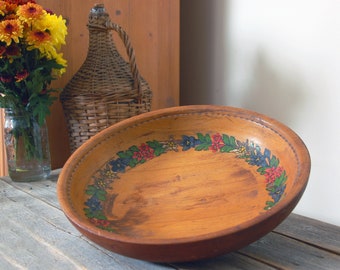 Hand painted wooden bowl / vintage bowl /  turned wood footed bowl with carved flowers / rustic wood bowl / farmhouse decor / cottagecore