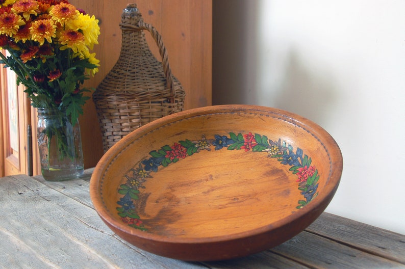 Hand painted wooden bowl / vintage bowl / turned wood footed bowl with carved flowers / rustic wood bowl / farmhouse decor / cottagecore image 1