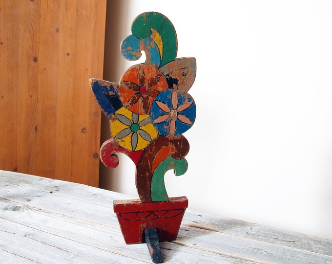 Vintage Wooden Folk Art Doorstop / Hand Painted Primitive Wood Etsy