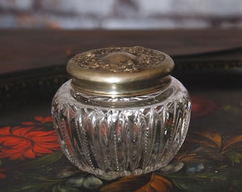 Vintage vanity jar / French bedroom /  Art Nouveau Repousse floral lid dresser jar / crystal glass Victorian trinket powder jar