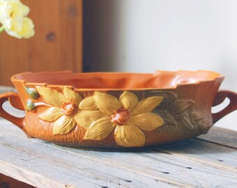 Vintage Roseville Clematis console bowl / amber & yellow Clematis Roseville bowl 458-10 / vintage floral pottery bowl / mid century decor