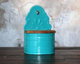 Vintage teal blue enamelware salt box / French kitchen storage / wall mount salt cellar