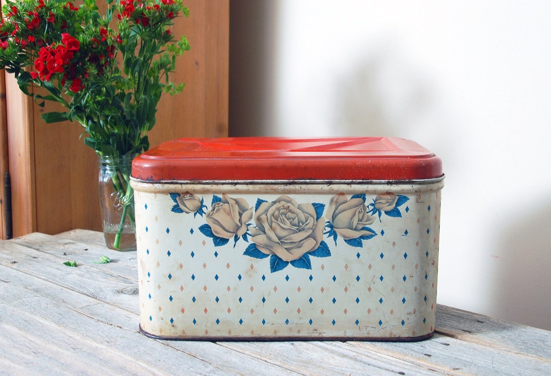 Vintage Tin Bread Box With Roses / Metal Pantry Box / Tin Etsy