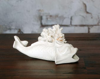 Vintage koi fish wall pocket planter / ceramic fish vintage figurine vase