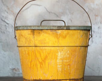 Antique wood bucket / yellow primitive wood firkin bucket with lid / wooden slat pail / wood basket / rustic farmhouse decor / yellow pail