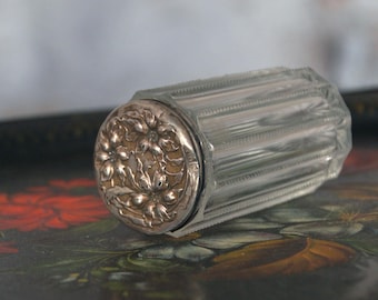 Vintage vanity jar / French bedroom /  Art Nouveau Repousse floral lid dresser jar / crystal glass Victorian powder shaker