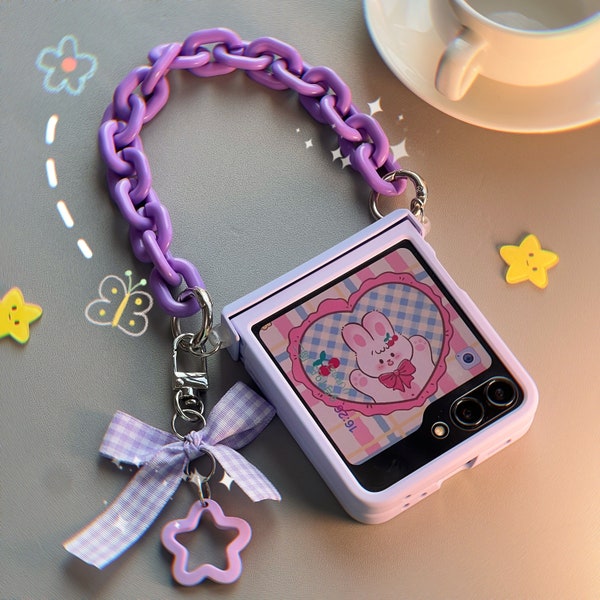Z flip 5 Cartoon purple Samsung phone case, with chain, for Samsung Z flip 5, for girls women, 3D flower