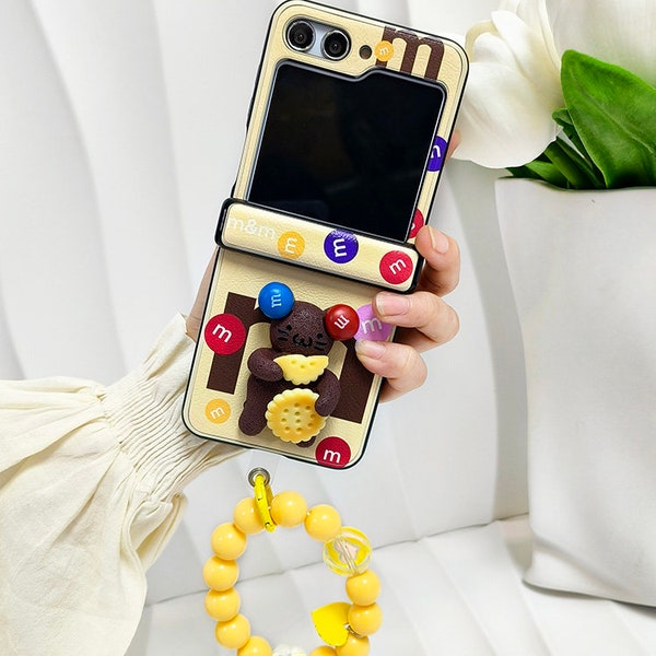 Étui de téléphone Samsung Z Flip 5, avec chaîne, texture cuir, pour Samsung Z flip 5 3 4, pour filles femmes hommes, 3D, Bear Cookies