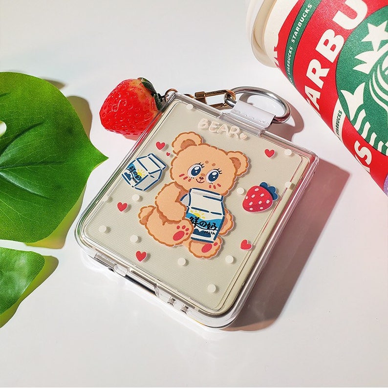 Cute Bear Samsung phone case with finger ring Strawberry Charm, for Samsung Z flip 4 3, for girls women, 3D 