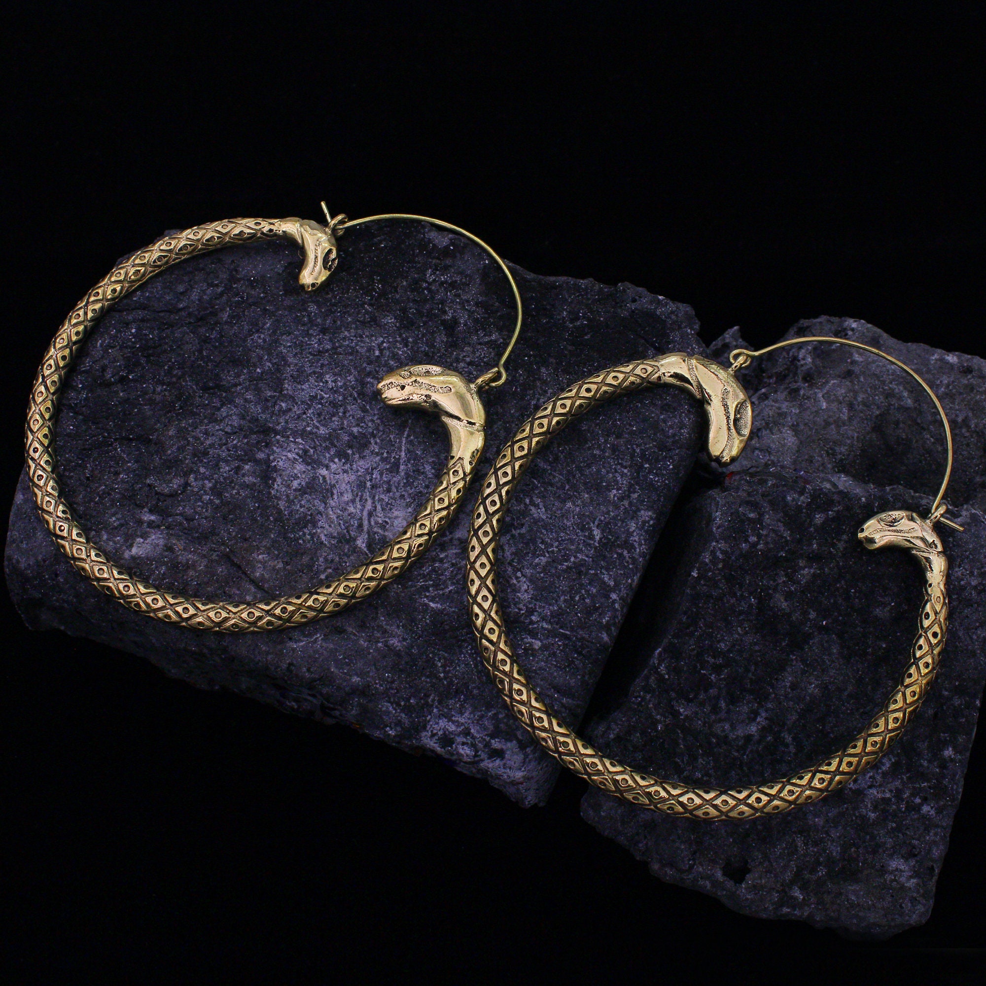 Snake Earring Brass Serpent Snake Earring. Hammered Hoop Gold Etsy