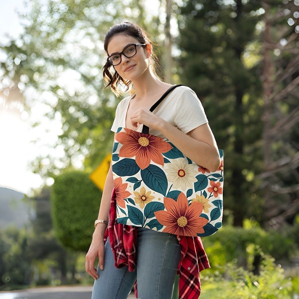 Large Floral Tote Bag with Sturdy Base| Orange Cream Yellow Blossoms Print, Durable Black Handles|Vegan Leather, Spring Summer Fashion Bag