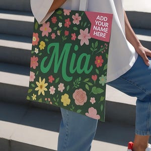 Sac fourre-tout avec nom personnalisé | Grand porte-cartes floral de plage pour cartable d'école, cadeau monogramme personnalisé pour cadeau d'enseignant | Sac de famille personnalisé shopping