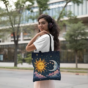 Sun and Moon Celestial Tote Bag | Boho Starry Sky Aesthetic Purse | Cosmic Universe Shoulder Bag | Mystical Sun Moon Gift for Her