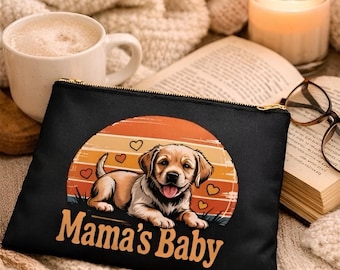 Neceser para mamás perrunas – Neceser retro con estampado de cachorros al atardecer, bolso de viaje con cremallera para amantes de las mascotas.
