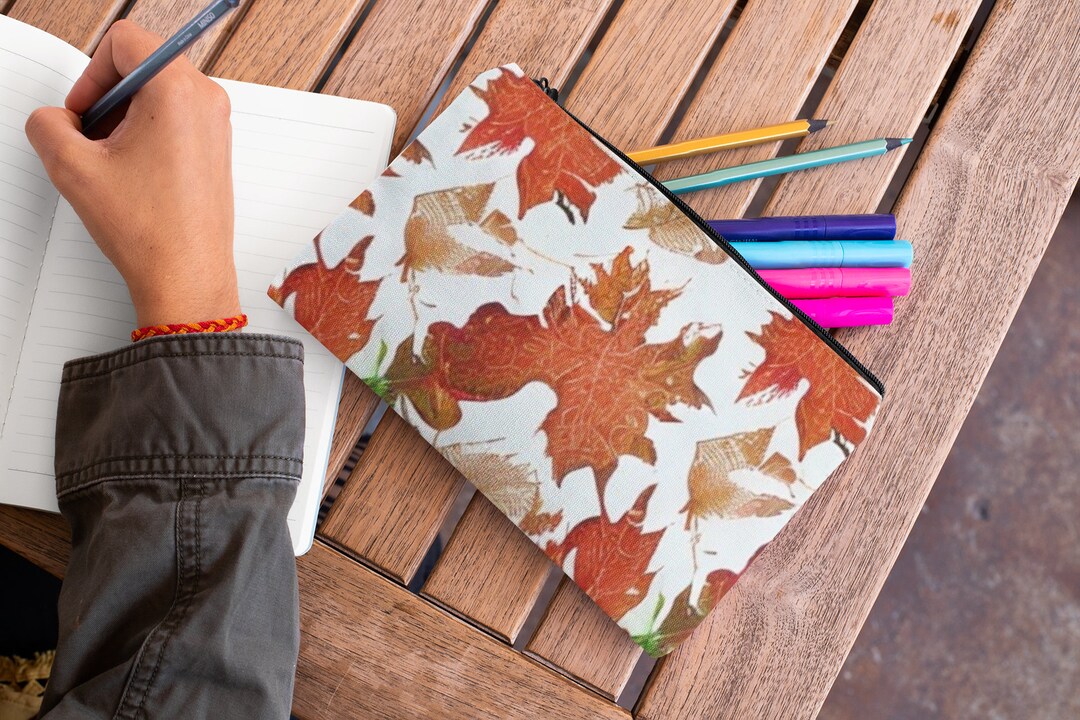 Autumn Themed Pencil Pouch With Natureinspired Leaf Design Etsy