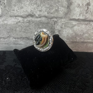 May include: A silver-toned ring with a detailed, circular design. The ring features a central image of a tan claw and black stones, set against a green and silver background. The ring is displayed on a black velvet surface.
