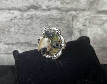 Mink Bone Ring: Gothic Witch Jewelry with Obsidian Stones