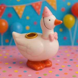 Whimsical Goose Cake Topper – Handcrafted Porcelain Birthday Candle Holder & Collectible Figurine for Fun, Charming Celebrations