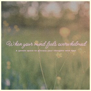 May include: A soft-focus image with the text "When your mind feels overwhelmed." The text is in a delicate script font, with the additional text "A gentle space to process your thoughts with God." The background is a blurred field of green and yellow.