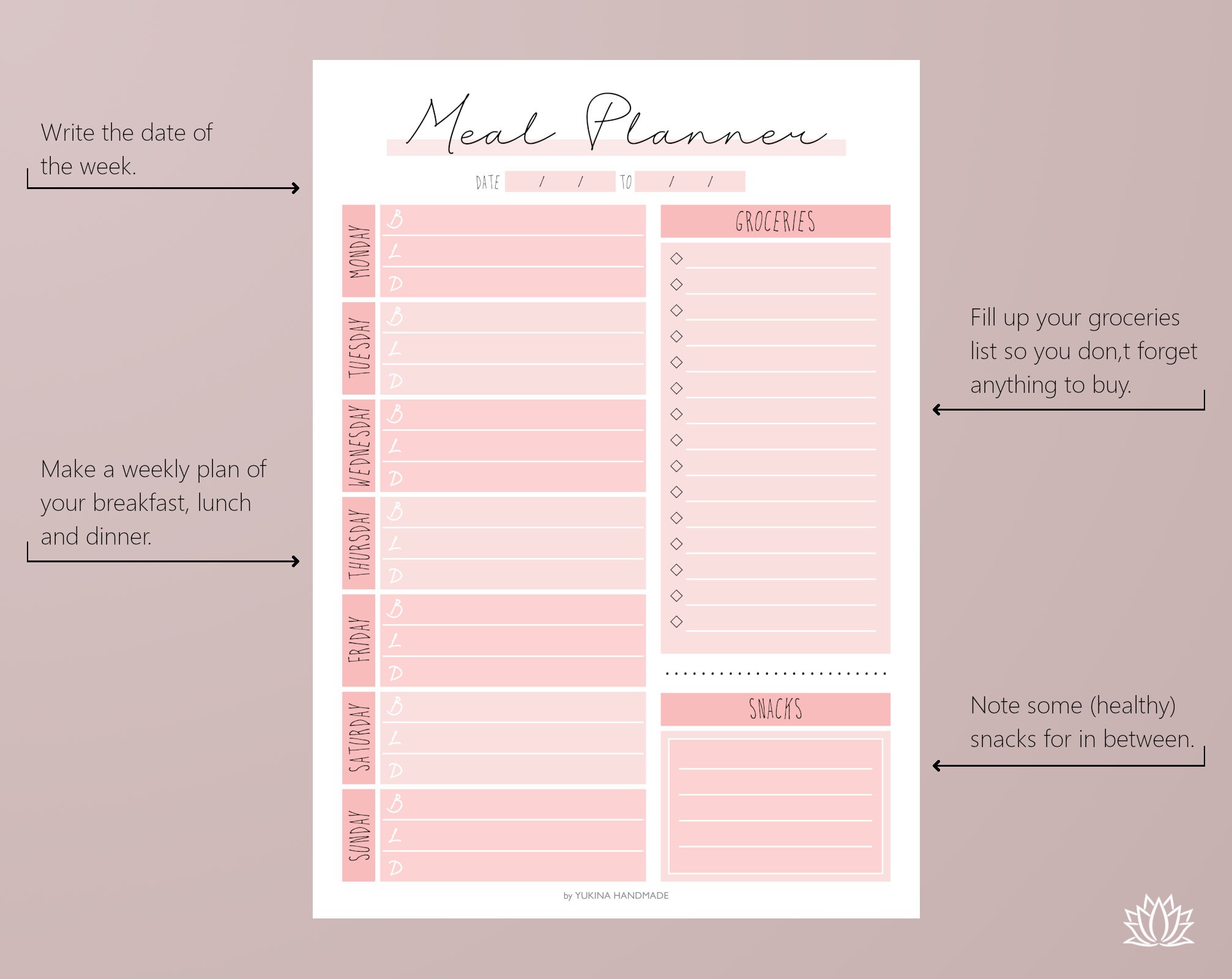 Meal Planner Printable, Breakfast Lunch Dinner, Weekly Groceries ...