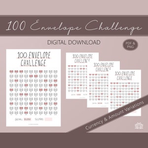 Könnte beinhalten: Drei druckbare 100-Umschlag-Challenge-Tracker. Jeder Tracker hat ein Raster mit 100 Umschlägen mit den Nummern 1-100. Der erste Tracker hat ein Ziel von 5.050 €. Der zweite Tracker hat ein Ziel von 5.000 €. Der dritte Tracker hat ein Ziel von 10.100 €. Die Tracker sind in Schwarzweiß mit rosa Akzenten.
