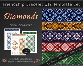 Friendship Bracelet DIY Template Set "Diamonds", Tutorial for 6 Patterns, 23 PDF pages - Digital Download