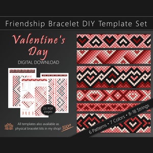 Può includere: Un set di 6 modelli di braccialetti dell'amicizia scaricabili per San Valentino. I modelli presentano cuori, zig zag e disegni geometrici in rosso, rosa, nero e bianco. Il set include 23 pagine PDF e istruzioni per 8-18 fili.