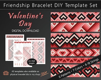 Friendship Bracelet DIY Template Set "Valentine's Day", Tutorial for 6 Patterns, 23 PDF pages - Digital Download