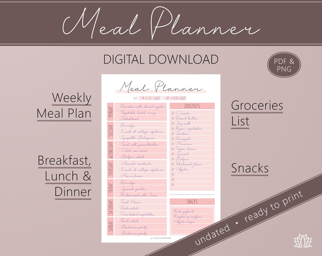 Meal Planner Printable Breakfast Lunch Dinner Weekly - Etsy