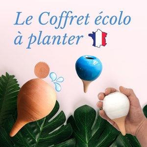 Può includere: Tre vasi in terracotta con fondo a punta, uno blu, uno bianco e uno marrone. I vasi sono circondati da foglie verdi. Il testo "Le Coffret éco à planter" è visibile nella parte superiore dell'immagine.