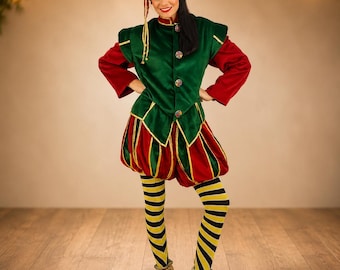 Women’s Christmas Elf Costume, Ladies Green Velvet Elf Outfit, Handmade Santa’s Helper Suit