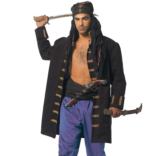Pirate Man Costume Adult White Black Red Shirt Trousers Headpiece Belt