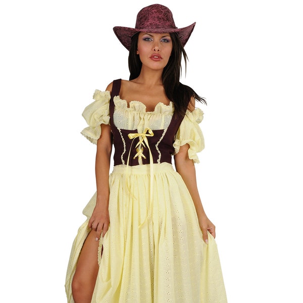 Disfraz de niña occidental para mujer, salón y vaquera Wild West Yello Dres, disfraces para Halloween y cosplay. Hecho a mano en la UE.