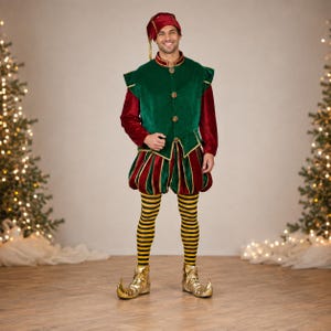 Women Christmas Elf Costume – Green Red Holiday Dress With Hat, Socks | Adult Elf Outfit for Christmas Party, Cosplay Photoshoot
