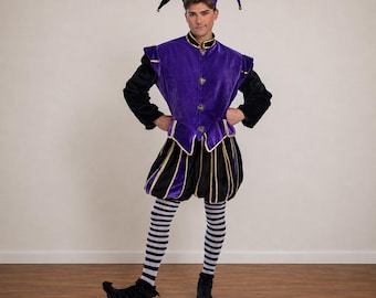 Halloween Jester Costume for Adults – Purple and Black Velvet Joker Outfit with Gold Trim – Renaissance Fair, Halloween, and Theater Costume