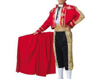 May include: A red and gold matador costume with a black hat and cape. The jacket is red with gold trim and embellishments. The pants are black with gold sequin accents. The costume includes a red cape and white shirt.