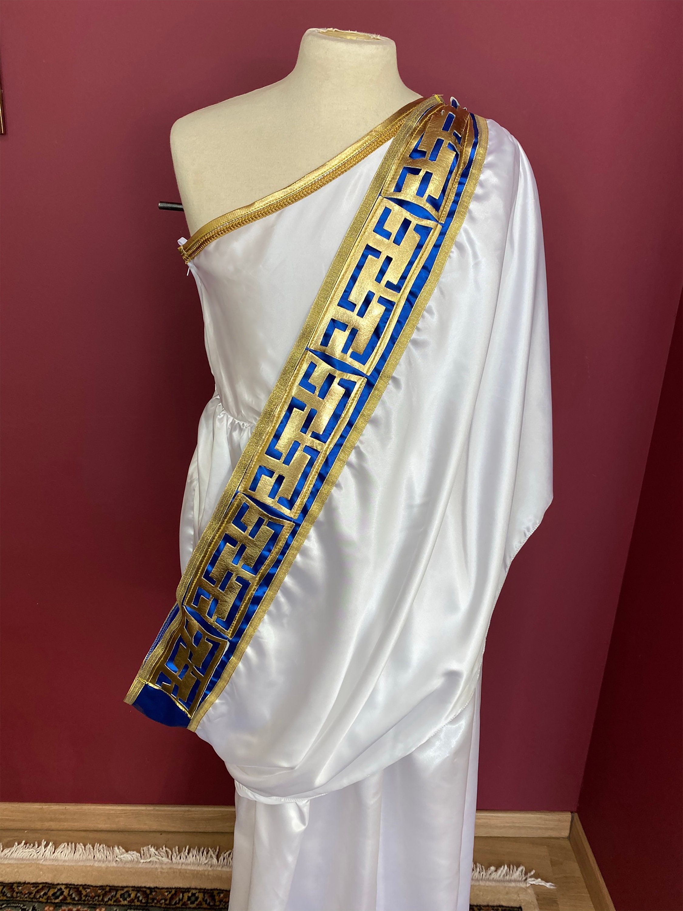 white and gold toga dress Aislor Women's Ancient Greek Roman Toga Dress with Gold Trim Shiny Metallic Overlay for Halloween Cosplay White Gold M