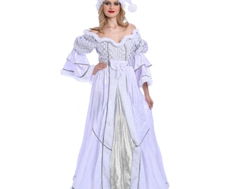 May include: A white off-the-shoulder costume dress with a matching hat. The dress features long sleeves with ruffled cuffs, a silver bodice, and a flowing skirt. The trim is accented with silver and black detailing, creating a festive look.