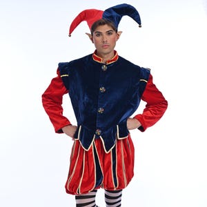 May include: A jester costume featuring a red and blue color scheme. The outfit includes a velvet vest with gold trim, red sleeves, and matching red and gold shorts. The jester also wears a red and blue hat and striped black and white stockings.