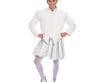 May include: A white Renaissance-style costume with silver accents. The outfit includes a jacket, vest, and puffy shorts. The costume is completed with a matching hat and silver boots. Perfect for a themed event or theatrical performance.